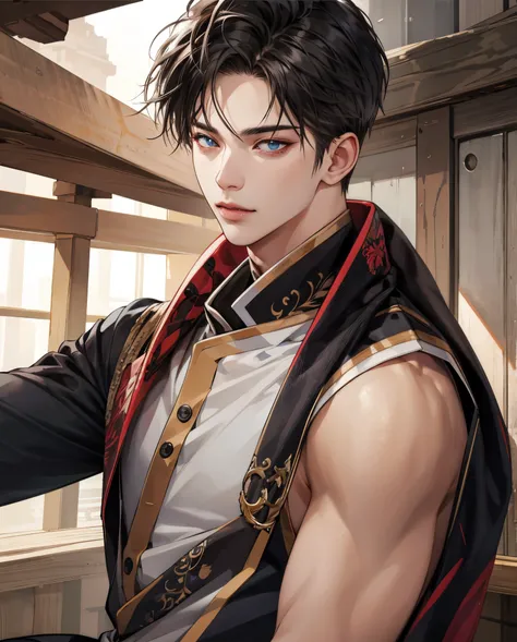 (Photorealistic:1.4), Best Quality, masutepiece, 超A high resolution, 1boy, (Detailed face:1.2), (Detailed eyes:1.2), (detailed hairs:1.2), (detailed  clothes:1.2), well-muscled、cafes