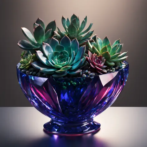 A pot of succulents，sapphire emerald ruby leaves sparkling，Translucent effect，crystal texture，reflections and refractions，Smooth surface，Artistic lighting，studio setup，Perfectly balanced composition，stunningly beautiful，Striking center,(best quality,highre...