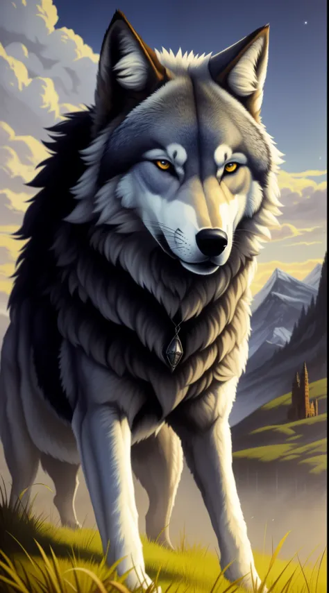 uma pintura de um lobo andando por um campo com montanhas ao fundo, foto de lobo, retrato do lobo da fantasia, grande lobo, lobo, alto detalhamento), lobo cinzento escuro, retrato do lobo, lobo peludo, Ele tem olhos de lobo amarelos, Lobos e seus tesouros,...