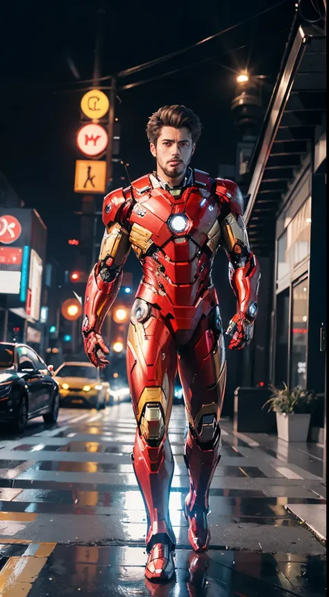 8k Realistic, Attractive, Highly Detailed 20 year old boy, a smart and attractive guy inspired by Iron Man. Wear a shiny Iron Man robot. She dresses with swagger and confidence. It perfectly reflects Iron Mans strength and abilities. In a cyberpunk style c...