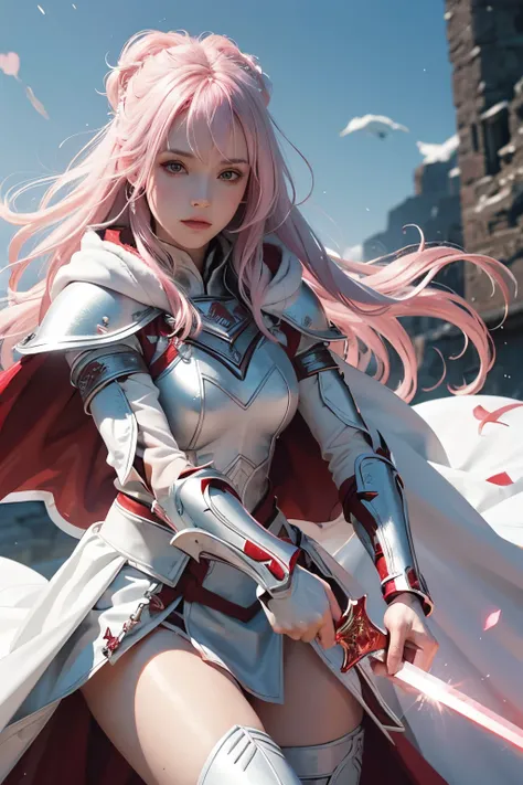 White female warrior Pink hair, white armor with silver. Red cloak, long sword, light falling on the reflective armor.