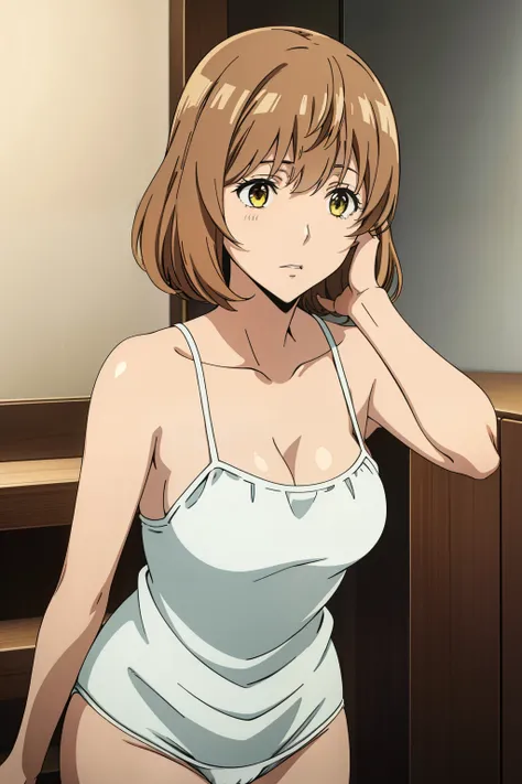 Best Quality, masutepiece, Brown hair, Yellow eyes, Yuriko Aoki, Stand in the changing room, Embarrassed look, Long oversized breasts, camisole, Roll up the camisole by hand:1.5, White Micro Bikini, Thin fabric, The upper part of the body, Close-up on the ...