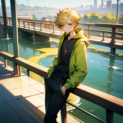 Masterpiece, high quality, a teenager, blond hair, short curly hair, green pupils, cross necklace, open-front hoodie, cotton casual trousers, high-top canvas shoes, hands leaning on a railing, overlooking a river below, next to a bridge.