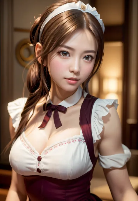 8K, of the highest quality, masutepiece:1.2), (Realistic, Photorealsitic:1.37), of the highest quality, masutepiece, Beautiful young woman、A charming、and an inviting look, Cute Maid Clothes, Hair tied back, Cinematic background, Light skin tone