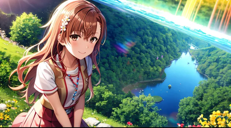 Anime view of Misaka mikoto, 1girl, teen girl, kawaii, solo, chestnut hair, hairpin,brown eyes, standing, looking at viewer,smile,saint seiya armor,praying beads on neck, long skirt,flower fields in greek Acropolis waterfalls,rainbow clouds,anime style,dee...