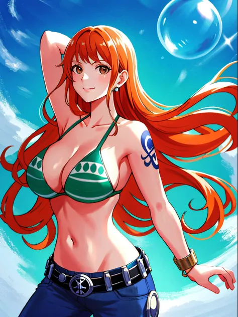 detailed background, masterpiece, 2k, center on face, high saturation, jiggly breasts, jumping, highest quality, 1girl, solo, nami (one piece), 1girl, bangle, out of frame, detailed arms, strong arms, straightened arms, muscular body, flex muscles, seducti...