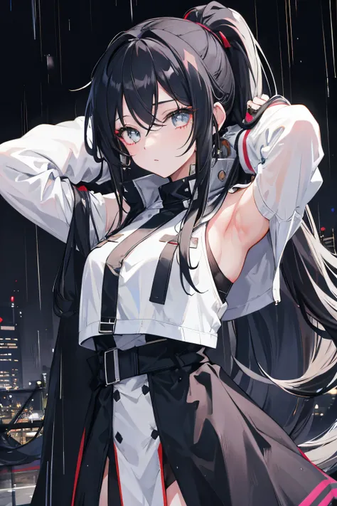 1girl,beaty girl,long hair,ponytail,blackhaiir,armpit,night city,rain,coat,hands on head