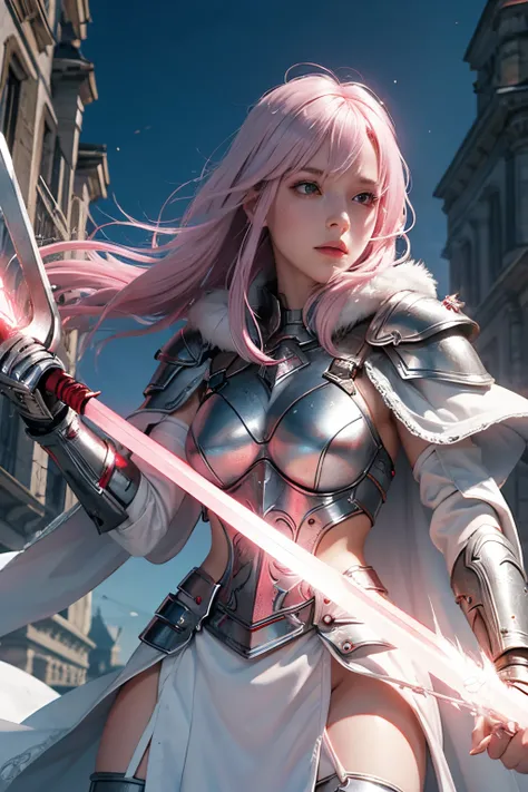 White female warrior Pink hair, silver eye, white armor with silver. Red cloak, long sword, light falling on the reflective armor.