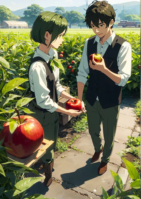 Her hair is dark green and has a slightly curly bob.。A cheerful farmer girl with green eyes。
He is wearing work clothes and hands me an apple.。