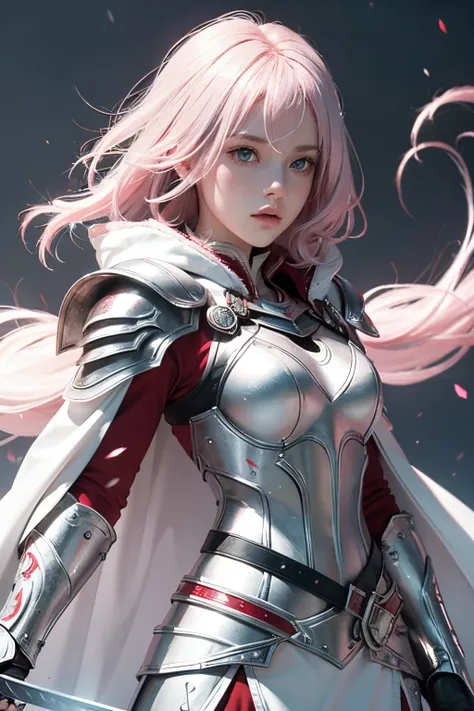 White female warrior Pink hair, silver eye, white armor with silver. Red cloak, long sword, light falling on the reflective armor.