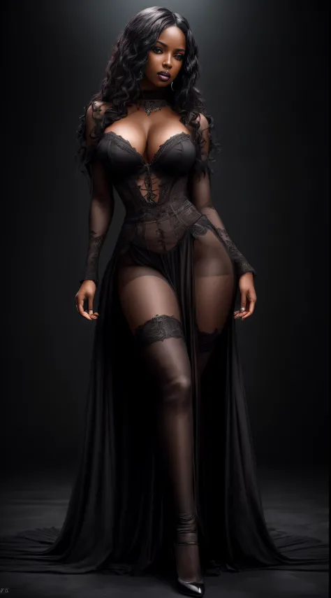 (best quality, 4k, 8k, highres, masterpiece:1.2), ultra-detailed, (realistic,photorealistic,photo-realistic:1.37), gorgeous light skin black woman, vampire, seductive gaze, gothic background, sensual beauty, gothic fashion, ripped black gothic mini gown, t...