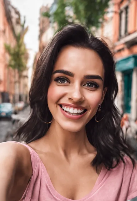 a hyper-realistic image of a girl with black hair and brunette skin, taking a selfie while walking on a street during the daytime. She should be smiling and wearing a pink blouse. The style should be hyper-realistic, focusing on her while creating a backgr...