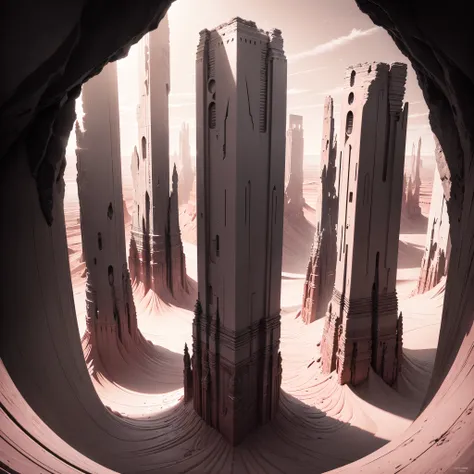 monument valley,The rays of the setting sun cut through the clouds,rock formations,Mesa Bhikkhu,Towering cliffs,A desert,Endless open space,(Pink lines)，(In a monochrome artwork style that resonates with ominousness),Felicia Simin,Digital Art Technology Li...