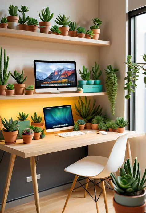 Office room，office desk，First sight of the room，Computer，keyboards，mouse，(A pot of succulents on the desk:1.36)，Office supplies,bookshelves,minimalist aesthetic,natural  lightting,vibrant with colors,wooden tables,Modern décor，