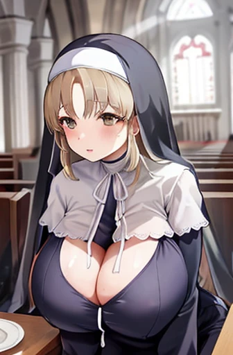 origen, (nun), 1girl, masterpiece, best quality, church, huge breasts, curvy, gigantic sagging breasts, large breasts, gigantic breasts, sagging breasts