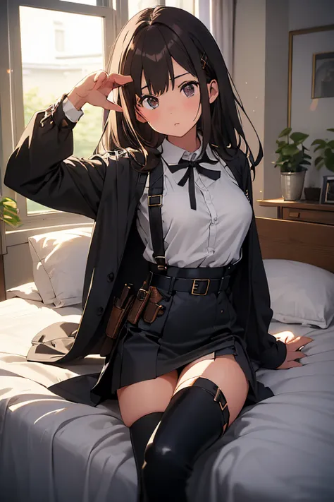 ​masterpiece、flat-colors、depth of fields、lens flare 1 girl、、Brown hair、watching at viewers　　　black suspenders　　　Bulging big breasts　　 　 　　　walls: 　Black miniskirt　garters　　　　　　Gaze　　　Small face　bangss 　　　holster　　Belt Armament　Beautuful Women　srestrained　h...