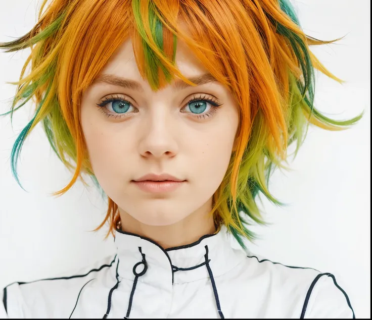 1girl, orange green hairs, blue eyes, white clothes,