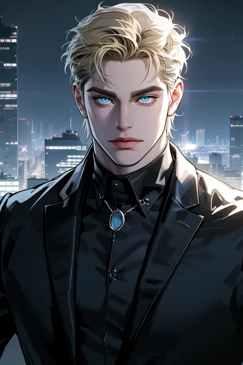 (Masterpiece, hiquality, Best Quality), (((独奏))), Mature man with blond short hair and blue eyes, short blonde hair, (((pale skin))), (((blue eyes))), mafia leader, Classic black suit , black leather gloves, ((perfect masculine body)), a perfect face, ((ma...