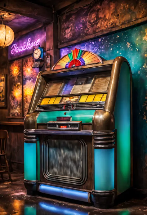 In a old bar, an old and stylised jukebox , with beautiful colors in the background explosions of water of full colors mixed