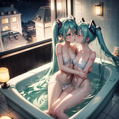 2 girls, (Hatsune Miku), (Kagamine Rin), cute, naked, (curvy body:0.5), (plump body:0.5), small breasts, long hair, kiss, taking a bath, square bathtub, night view outside window, buildings outside window