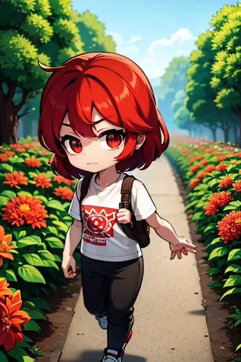 A red haired girl with red eyes is walking through a field of flowers