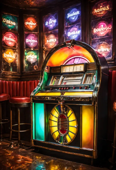 In a old bar, an old and stylised jukebox , with beautiful colors in the background explosions of water of full colors mixed