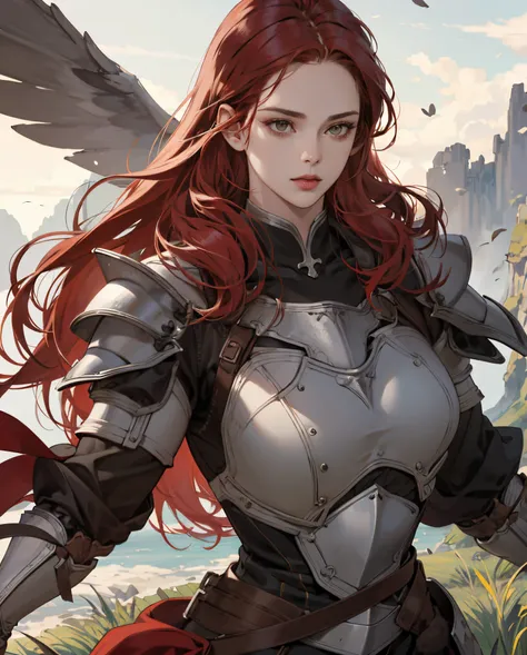 30 year old woman, red head, hazel eyes, fantasy armour, nature, realism