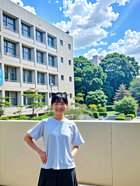 brunette color hair，Black colored eyes, Cat ears, ssmile,Wear white Japanese school uniform , atmosphric perspective, Ghibli-style colors, 8K, acurate, Best quality at best