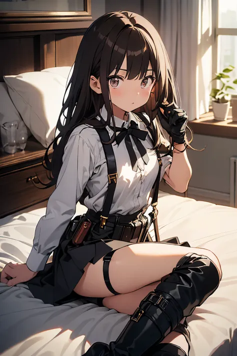 ​masterpiece、flat-colors、depth of fields、lens flare 1 girl、、Brown hair、watching at viewers　　　black suspenders　　　Bulging big breasts　　 　 　　　walls: 　Black miniskirt　garters　　　　　　Gaze　　　Small face　bangss 　　　holster　　Belt Armament　Beautuful Women　srestrained　h...