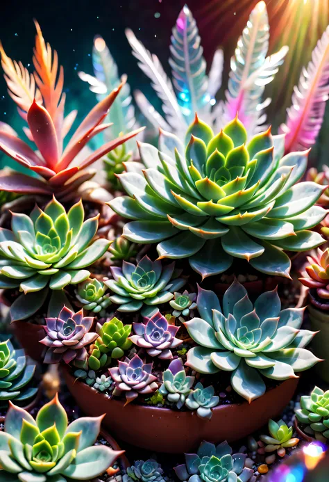 crystals fantasy，Close-up of succulents，many color，toes up，Countless sparkling feathers flutter in the air， like a dream， galactic， cleanness， shallowdepthoffield， jade background blur， Sparkling， Sparkling， Amazing cleavage， Colorful， magical photography，...