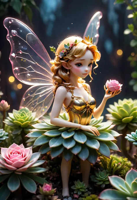 tmasterpiece，Best quality，high high quality，The content is very detailed，8K，Translucent ethereal mechanical flower fairy，Succulent plant base，Close-up of great succulents，golden space，bokeh，Minimalist composition,(tmasterpiece，Best quality：1.2），UHD resolut...