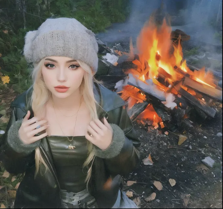 blonde woman with hat and leather jacket in front of a bonfire, com fogo, linda Delphine, ava max, Estilo de Julia Razumova, Post-apocalyptic vibrations, Album art, em uma fogueira na floresta, pomba cameron em uma armadura de cavaleiro, imagem de qualidad...