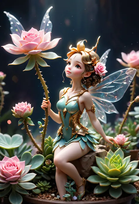 tmasterpiece，Best quality，high high quality，The content is very detailed，8K，Translucent ethereal mechanical flower fairy，Succulent plant base，Close-up of great succulents，golden space，bokeh，Minimalist composition,(tmasterpiece，Best quality：1.2），UHD resolut...