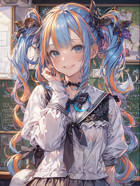 (masutepiece:1.3), (8K, Photorealistic, Raw photo, Best Quality: 1.4), Beautiful face, (Realistic face), Beautiful detailed eyes, (Realistic skin), Attractive, Intricate details,Golden ratio,  1 girl,Naughty smile, (rainbow hair:1.4),((Long twintails,Ribbo...