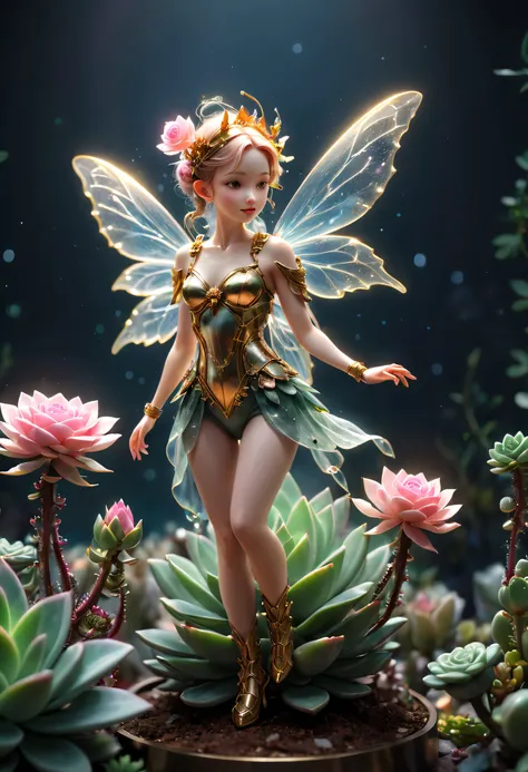 tmasterpiece，Best quality，high high quality，The content is very detailed，8K，Translucent ethereal mechanical flower fairy，Succulent plant base，Close-up of great succulents，golden space，bokeh，Minimalist composition,(tmasterpiece，Best quality：1.2），UHD resolut...