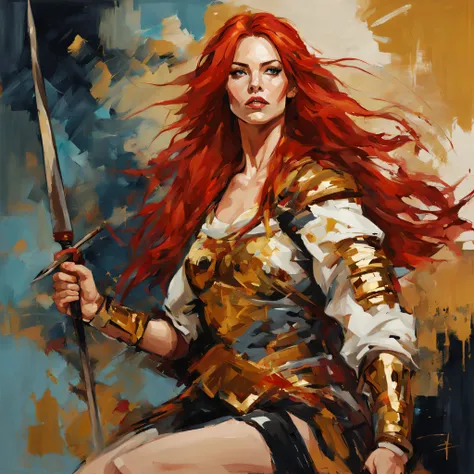 a beautiful warrior woman, with red hair, with golden highlights, with a painting style made by anna bocek, midjourney, 8k