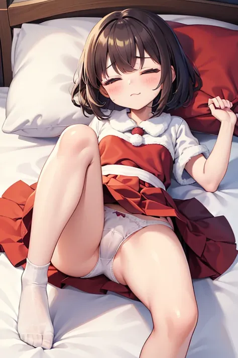 12 year old girl、lying on ones side on bed、Christmas Costumes、No socks、Sleeping with mouth open and eyes closed、Hairstyle is bob、Hair color is brown、White cotton panties、Flip the skirt、Lower panties、Open legs、Ejaculation in the anus