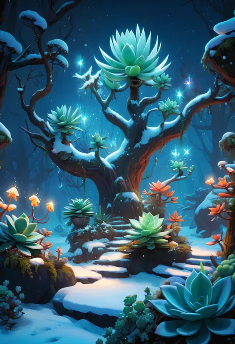 tmasterpiece，Best quality，high high quality，The content is very detailed，8K，(Close-up of succulents:1.5),Fantastic snow and ice jungle，ice witch，Colorful ice magic，Glowing Elves，Natural elements in the forest theme，Colorful snow and ice jungle，Epic fantasy...