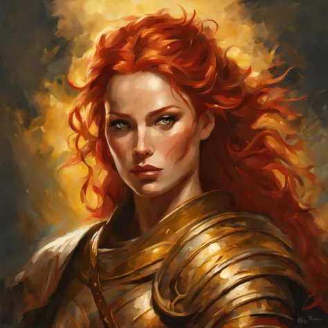 a beautiful warrior woman, with red hair, with golden highlights, with a painting style done by Bill Brauer, midjourney, 8k