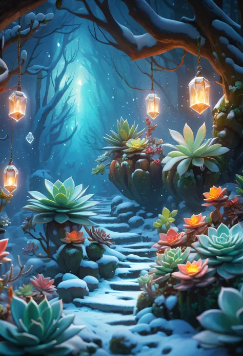 tmasterpiece，Best quality at best，high high quality，The content is very detailed，8K，(Close-up of succulents:1.5),Fantastic snow and ice jungle，ice witch，Colorful ice magic，Glowing Elves，Natural elements in the forest theme，Colorful snow and ice jungle，Epic...