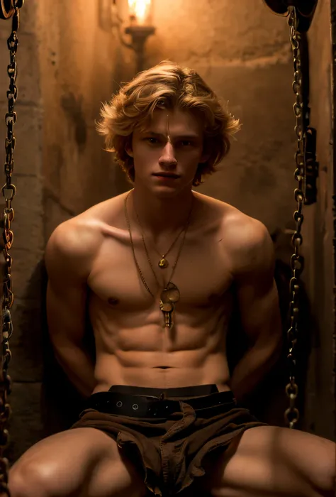 16 year old boy,a blond,Has a good-looking face，Adorable face，Adonis，Look up、Facing the front，Glaring at the enemy，fullnude，Bare ，A well-shaped pale pink penis，fullnude，Dungeon，The act of spreading legs on a dark background，Dark atmosphere，8K,cinematic lig...