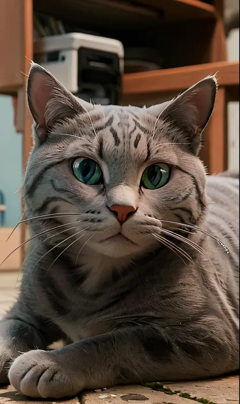 Gray cat, a closeup of a, is looking at the camera, lies half-turned