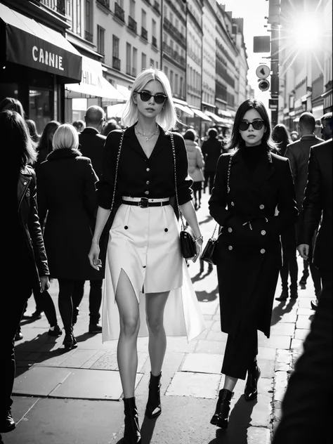 1 female focused, swedish woman model walking down a busy city street in a dress, proportion of fashion models, a black and white photo, in Paris, standing in Paris, (paparazzi), street photography style, shot on Leica summilux 35mm, (lens flare), CHANEL a...