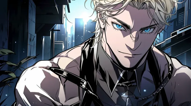 (Masterpiece, hiquality, Best Quality), (((独奏))), Mature man with blond short hair and blue eyes, short blonde hair, (((pale skin))), blue eyes, mafia leader, Classic black suit , black leather gloves, ((perfect masculine body)), a perfect face, ((male)), ...