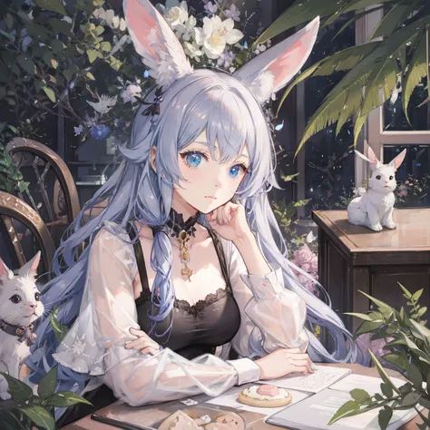 (Cute illustration:1.5), Surrounded by cute bunnies , Cute little girl with rabbit ears, Hair color is pink , Blue pastel color outfit、Hug a fluffy white rabbit、tea parties、a cake、 macaroons、donut、cookies、black tea、cute little、Cute 、Dolce、fluffly、Dolce、Pal...