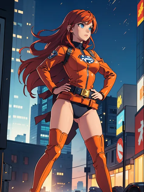 masterpiece, best quality, 1girl, superhero, leotard, bare legs, knee boots, matching boots, heroic, city backdrop, standing, body infused with energy, light particles, solo, single, cowboy shot, perfect anatomy, hand on hip, red hair, beautiful detailed e...