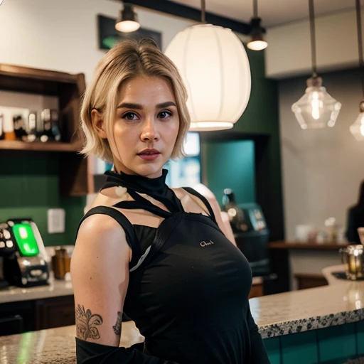 sexy mature blonde woman at the counter of a coffee shop with her breasts on the counter and her closed fist resting on her cheeks,camiseta preta sexy,olhando para a camera,master part,Rosto Russo,Bokeh,Cinematographic Luminaire,Cinematic details,corpo sua...