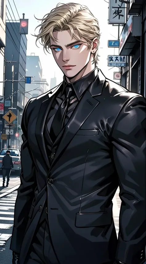 (Masterpiece, hiquality, Best Quality), (((独奏))), Mature man with blond short hair and blue eyes, short blonde hair, (((pale skin))), blue eyes, mafia leader, Classic black suit , black leather gloves, ((perfect masculine body)), a perfect face, ((male)), ...