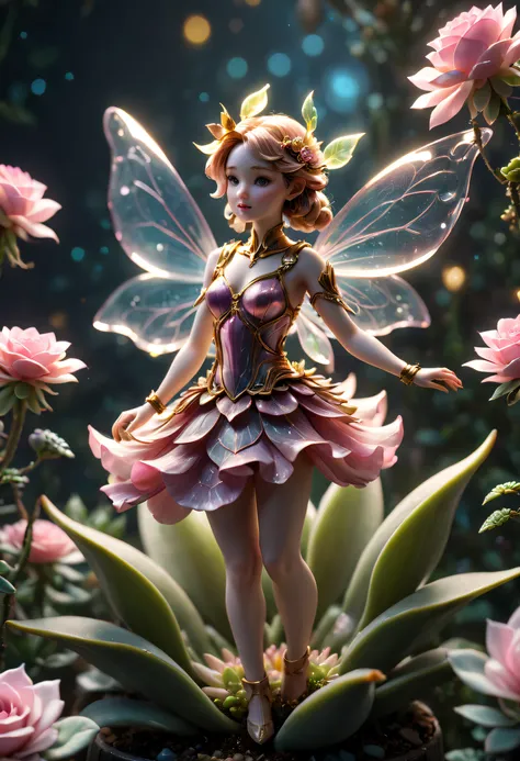 tmasterpiece，Best quality at best，high high quality，The content is very detailed，8K，Translucent ethereal mechanical flower fairy，Succulent plant base，Close-up of great succulents，golden space，bokeh，Minimalist composition,(tmasterpiece，Best quality at best：...