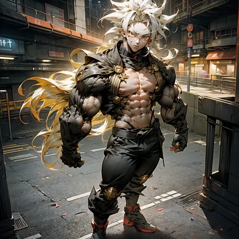 1 boy,((full body:1.2)),(stand),SAIYA,(looking at viewer),(white eye:1.2),super saiyan,(glowing hair:1.2),(urban setting:1.3),(male focus:1.1),(male muscles:1.1),(big muscle:1.1),(pectoral:1.1),(abdominal muscle:1.1),(upper body nudity:1.1),